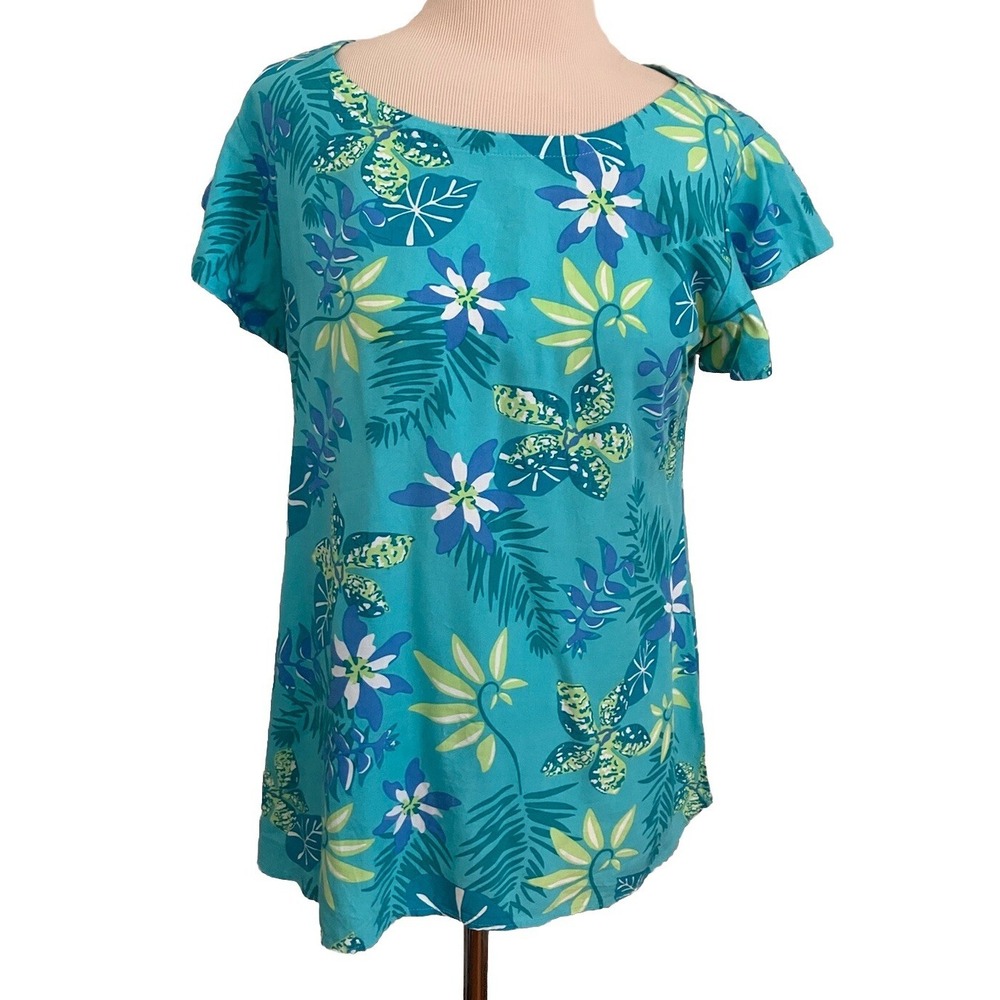 Escapada Living‎ Shirt Blue Sz M Stretchy Short Sleeve floral